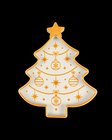 Bandeja decorativa em formato de árvore de Natal, branca com detalhes em amarelo, sobre fundo preto