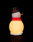 Boneco de neve de perfil com o nariz de cenoura e a luz saindo dos flocos