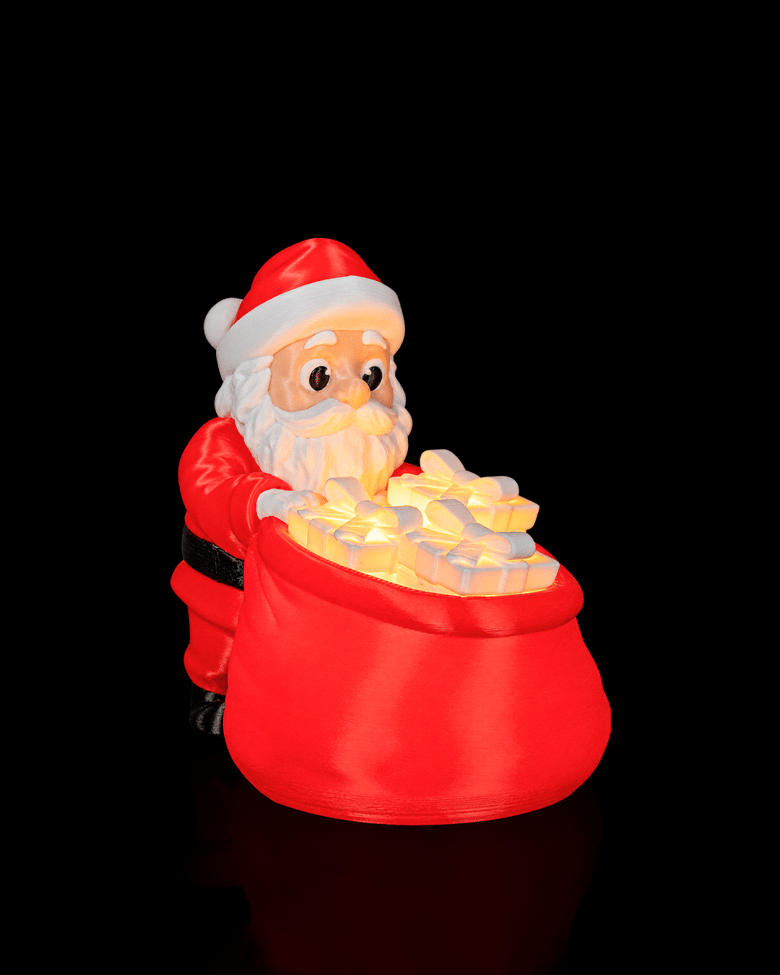 Papai Noel vermelho debruçado sobre a sacola de presentes iluminada por dentro